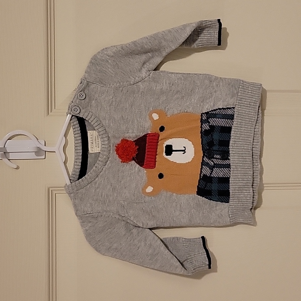 Gray Sweater with Winter Bear Design, 0/3M